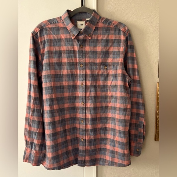 Rowm Men's LS Shirt Gray Pink Plaid Button Up 100% Cotton Point Collar EUC - Picture 1 of 5
